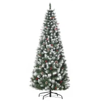 HOMCOM Albero di Natale Innevato Artificiale 180cm con Bacche Rosse e Pigne Bianche, Base Rimovibile Pieghevole, 618 Rami(m-11)