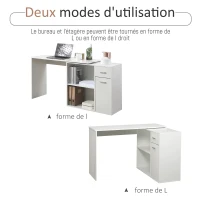 HOMCOM Bureau d'angle rotatif à 180°, bureau d'ordinateur, bibliothèque, tiroir, placard, poste de travail, 117x82x74cm, blanc(m-5)