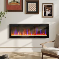 HOMCOM Cheminée électrique mural ou encastrable 900W/1800W, effet flamme à 12 couleurs 5 luminosités, 127 x 9,4 x 47 cm, noir(m-10)
