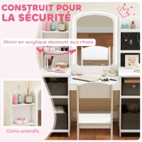 AIYAPLAY Coiffeuse pour enfants avec tabouret et miroir LED, table de maquillage pour 3 à 8 ans, 104 x 40 x 112 cm, blanc(m-7)