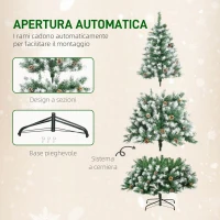 HOMCOM Albero di Natale Artificiale Innevato 180cm con 800 Rami e Pigne, Apertura Automatica e Base Pieghevole, Verde(m-7)