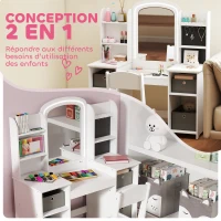 AIYAPLAY Coiffeuse pour enfants avec tabouret et miroir LED, table de maquillage pour 3 à 8 ans, 104 x 40 x 112 cm, blanc(m-4)