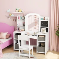 AIYAPLAY Coiffeuse pour enfants avec tabouret et miroir LED, table de maquillage pour 3 à 8 ans, 104 x 40 x 112 cm, blanc(m-10)