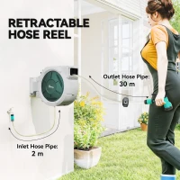 Outsunny Retractable Hose Reel Wall Mounted, 30+2m Garden Hose Pipe Reel with Lock, Auto Rewind, 7 in 1 Spray Nozzle, Includes Wall Fixings, 180° Swivel, Outdoor Watering, Grey(m-4)