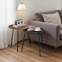 HOMCOM Lot de 2 tables basses gigognes, tables d'appoint contemporain cadre en métal, ronde et triangulaire, noyer et noir(m-10)