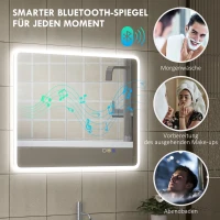 HOMCOM LED-badkamerspiegel met Bluetooth 70 x 90 cm, aanraakschakelaar, verstelbaar licht, 3 kleuren, anti-condens, geheugen, zilver(m-5)