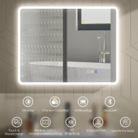HOMCOM LED-badkamerspiegel met Bluetooth 70 x 90 cm, aanraakschakelaar, verstelbaar licht, 3 kleuren, anti-condens, geheugen, zilver(m-4)