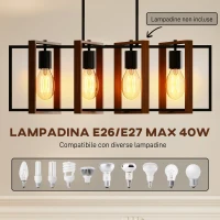HOMCOM Lampadario a Sospensione Rustico con 4 Cornici Girevoli e Catena Regolabile, 80x21x90-130 cm, Nero e Marrone(m-5)