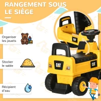 HOMCOM Tractopelle enfant sous licence CAT, porteur enfant, pelle manuelle, klaxon et rangement caché, 85x27,5x47,5cm, jaune(m-6)