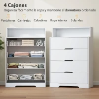 HOMCOM Cómoda para Dormitorio de 4 Cajones con Estación de Carga Puerto USB Puerto USB-C Estante Abierto 80x40x120 cm Blanco(m-5)