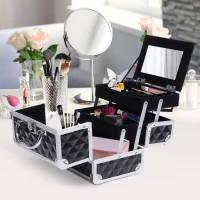 HOMCOM Mallette à maquillage rangement à 3 niveaux avec miroir verrouillage avec 2 clés dim. 20L x 15l x 15H cm noir(m-10)
