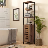 kleankin Meuble colonne de salle de bain industriel 3 étagères ouvertes porte à lamelles étagères réglables marron rustique(m-10)