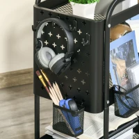 HOMCOM Desserte chariot de rangement pour bureau en métal chariot de service à roulettes 3 niveaux avec 2 range-couverts 4 crochets dim.51,5L x 32l x 75,6H cm - noir(m-13)