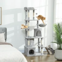 PawHut Arbre à chat tour de jeux 7 poteaux à griffer 3 platesformes 2 niches tunnel hamac et 2 pompons 170 cm gris foncé(m-10)