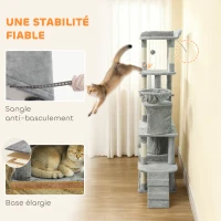 PawHut Arbre à chat tour de jeux 7 poteaux à griffer 3 platesformes 2 niches tunnel hamac et 2 pompons 170 cm gris foncé(m-9)