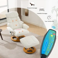 Poltrona relax girevole con funzione massaggiante e riscaldante, schienale e poggiapiedi regolabili, in chenille, 81x83.5x111 cm, Bianco(m-5)