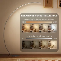 HOMCOM Lampadaire arc LED, lampadaire sur pied salon dimmable 30 W, télécommande magnétique, 120 x 27 x 172 cm, argent(m-4)