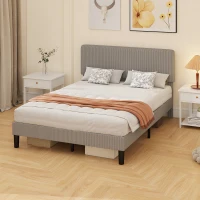 HOMCOM Armazón de cama 140 x 190 cm, somier con lamas de madera, cabecero regulable, cama doble tapizada en terciopelo acanalado, gris(m-4)