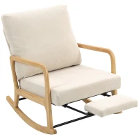 HOMCOM Poltrona Baloiço com Encosto Ajustável de Veludo Cotelê Nórdica Pés de Madeira Braços Almofada Lombar 70x89x97,5 cm Creme(m-6)