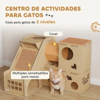 PawHut Casa para Gatos de Cartón Forma Castillo 2 Niveles con 3 Zonas de Rascado Túnel Rampa Incluye Hierba Marrón(m-4)