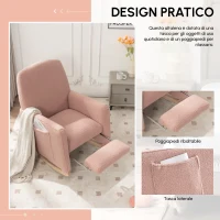 Sedia a dondolo con poggiapiedi e schienale alto, in tessuto Teddy, 67x96-127x96 cm, Rosa(m-4)