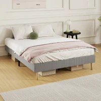 HOMCOM Estructura de cama 140 x 190 cm con somier de lamas de madera, cama doble tapizada en terciopelo acanalado, gris(m-5)