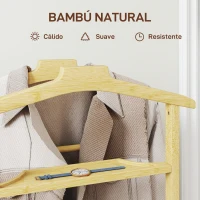 HOMCOM Galán de Noche de Bambú con Ruedas Colgadores Barras para Pantalones Bandeja y Zapatero 47x33,7x105,5 cm Natural(m-6)