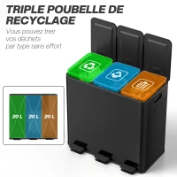 HOMCOM Poubelle de cuisine, poubelle tri sélectif, 3 compartiments de 20L, seaux intérieurs amovibles, 61,9x36,6x56,7cm, noir(m-4)