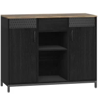 HOMCOM Aparador de 2 Portas com Orifícios 2 Compartimentos e Gaveta Prateleiras Ajustáveis 100x40x80 cm Preto e Castanho Rústico(m-1)