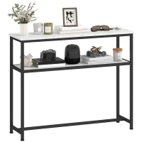 HOMCOM Consola Recibidor Estrecha con Superficie con Efecto Mármol Estante Abierto y Marco de Metal 100x30x81 cm Blanco(m-11)