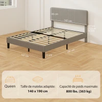 HOMCOM Armazón de cama 140 x 190 cm, somier con lamas de madera, cabecero regulable, cama doble tapizada en terciopelo acanalado, gris(m-3)