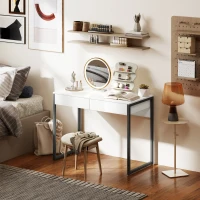 HOMCOM Secretária com 2 Gavetas 100x50 cm Mesa de Computador Pernas de Aço para Casa Escritório Espaços Pequenos Branco Brilhante(m-6)