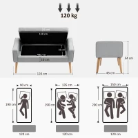 HOMCOM Banco de Armazenamento Estofado em Linho com Tampa Abatível e Pés de Madeira 120x45x54 cm Cinza Claro(m-3)