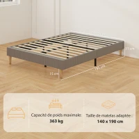 HOMCOM Cadre de lit 140 x 190 cm avec sommier à lattes en bois, lit double rembourré en velours côtelé, gris(m-3)