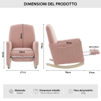 Sedia a dondolo con poggiapiedi e schienale alto, in tessuto Teddy, 67x96-127x96 cm, Rosa(m-3)