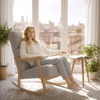 HOMCOM Poltrona Baloiço Moderna em Borrego com Apoio para os Braços de Madeira de Faia Poltrona de Amamentação 65x90x98 cm Cinza(m-4)