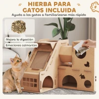 PawHut Casa para Gatos de Cartón Forma Castillo 2 Niveles con 3 Zonas de Rascado Túnel Rampa Incluye Hierba Marrón(m-6)