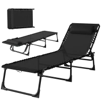 Outsunny Foldable Sun Lounger, Outdoor 4 Level Adjustable Backrest Reclining Chaise Chair, Steel Frame Recliner Chair for Camping, Hiking, Black(m-11)