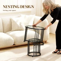 HOMCOM Round Coffee Tables Set of 2, Nesting Tables with Tempered Glass Top and Steel Frame, Black(m-4)