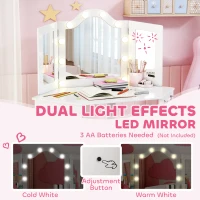 AIYAPLAY Kids Dressing Table and Stool Set, Girls Vanity Table with 2-Colour LED Lights, Tri-Folding Mirror, White(m-5)