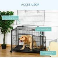 PawHut Tarc pentru caini pliabil, ușă dublă cu blocare 4 roți cu frână și fund detașabil, 109.5x71x78cm, Negru(m-6)