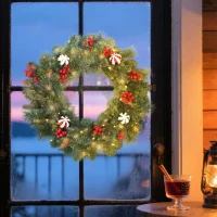 HOMCOM Couronne de Noël lumineuse 60 cm avec 50 LED, minuterie, 146 pointes, pommes de pin, baies, boules décoratives, vert(m-10)