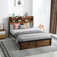 HOMCOM Industrial Double Bed Frame, 4.6FT Steel Bed Base with Storage Headboard, Footboard, Slatted Support and Under Bed Storage, 141 x 207cm, Rustic Brown(m-10)