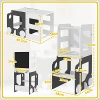 AIYAPLAY Scara Montessori 4 în 1 pentru Copii cu 2 Table și Set Masă și Scaun, din Lemn, 58x46x92 cm, Alb(m-3)