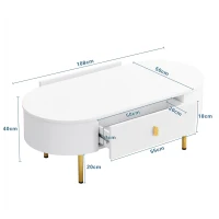 Tavolino da salotto con 2 cassetti, angoli arrotondati, maniglie e gambe dorate, 108x50x40 cm, Bianco(m-3)