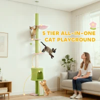PawHut 220-240 cm Floor to Ceiling Cat Tree Adjustable Height with Hammock, Condo, Scratching Posts, Green(m-6)