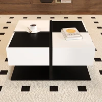 Tavolino da salotto con 2 cassetti, tavolino quadrato da soggiorno con vano contenitore, 70x70x35,5 cm, Nero+Bianco(m-4)