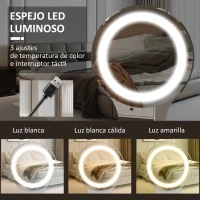 HOMCOM Tocador con Espejo y Luces LED Ajustables con 5 Cajones 4 Compartimentos y 1 Estante 100x44x137 cm Blanco y Natural(m-4)