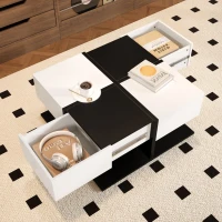 Tavolino da salotto con 2 cassetti, tavolino quadrato da soggiorno con vano contenitore, 70x70x35,5 cm, Nero+Bianco(m-5)