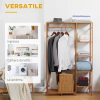 HOMCOM Appendiabiti in Bambù con Scaffale a 6 Livelli e Barra Attaccapanni, 90x30x145 cm, Legno Naturale(m-6)